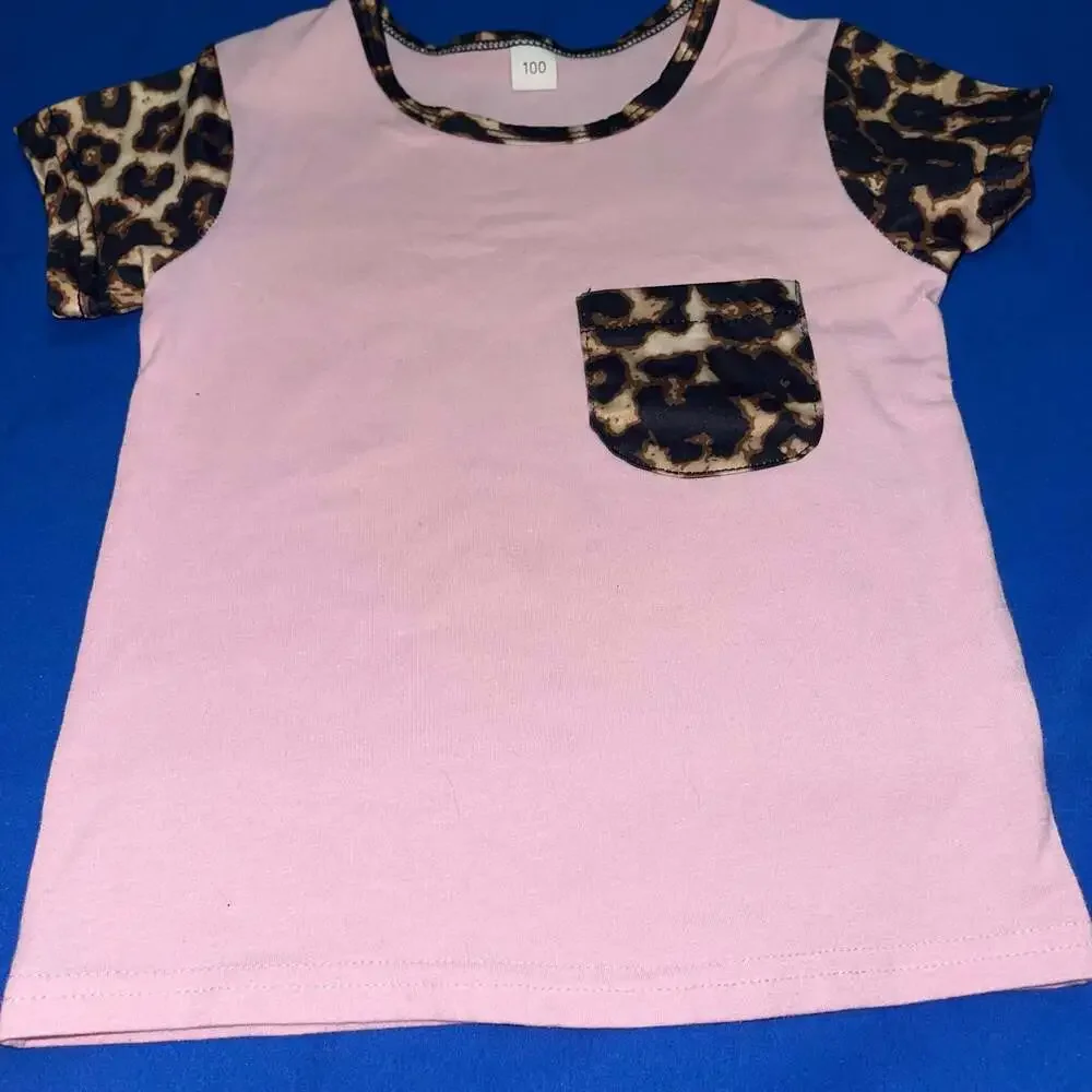 Toddler Girl Pink 2-Piece Short Sleeve Pocket T-Shirt and Leopard Print Shorts S